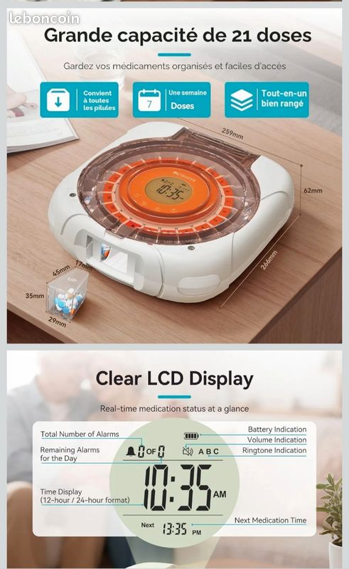 Grand Pilulier Automatique Intelligent NEUF sous cellophane 21 Compartiments Distributeur de Médicaments RETEKENESS TH017 Écran LCD 9 Alarmes Verrouillage Sécurisé Simple pour seniors (image 7)