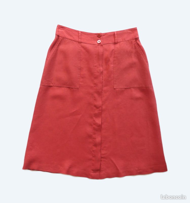 Jupe DEVERNOIS, Lin Rouge Coquelicot, Taille 38, évasée Mi-longue - Occasion TBE