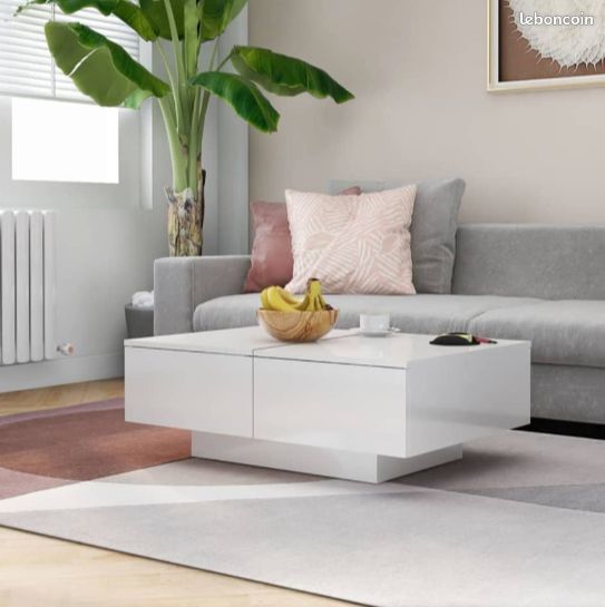 Table basse Blanc brillant 90x60x31 cm Aggloméré (Bois) (image 1)