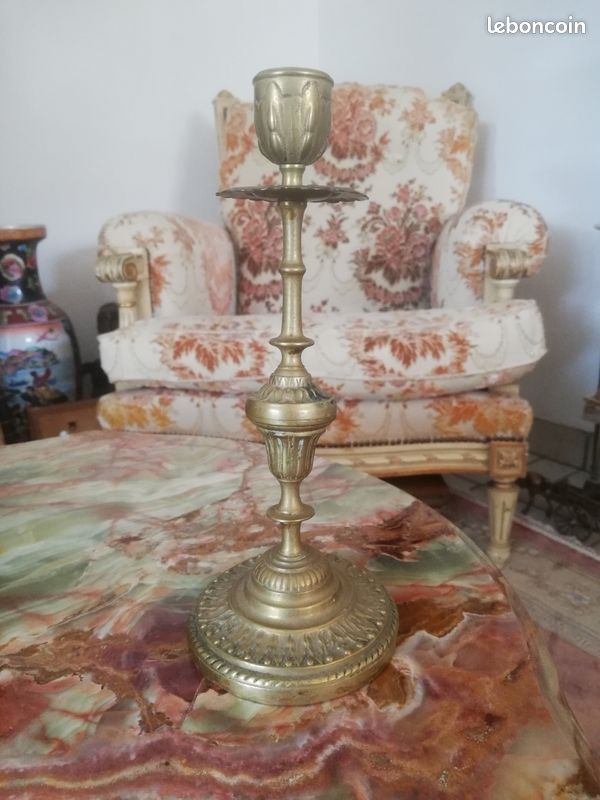 Bougeoir ancien en laiton ciselé – H 21,5 cm – Déco vintage / Brocante (image 4)
