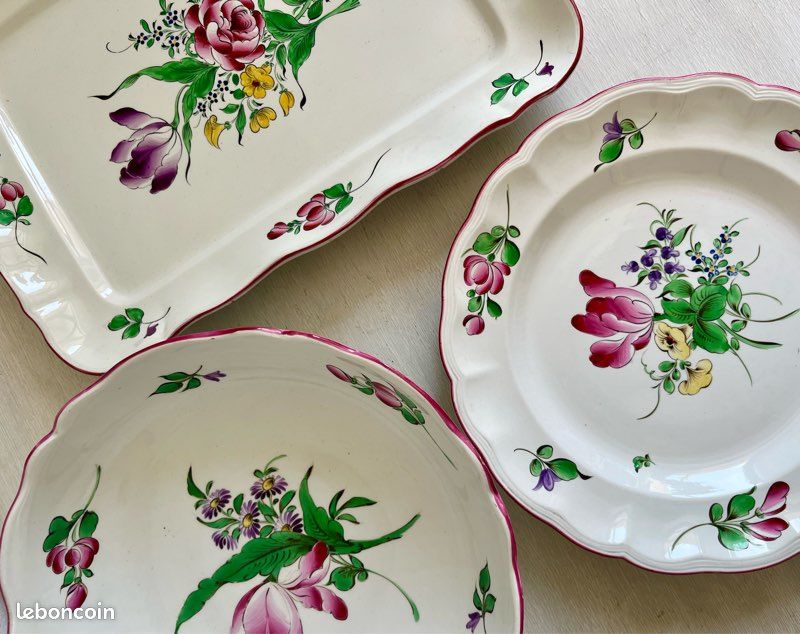 Saladier en faïence ancien/grand plat de service/corbeille à fruits, estampillé KG en porcelaine de LUNEVILLE France, au joli décor floral, modèle Réverbère, vintage et tendance (image 5)