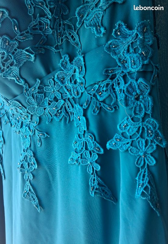 Robe de soirée JUJU & CHRISTINE Bleu Paon Dentelle + Châle - Taille M 38/40 (image 3)
