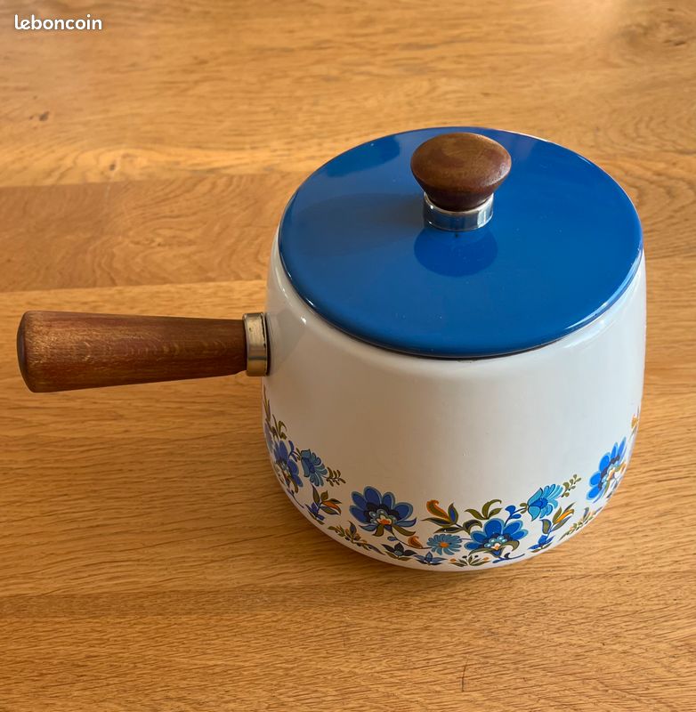 Poêlon à Fondue / Casserole Le Creuset 22 Cm - Motif Fleurs Bleues - Vintage