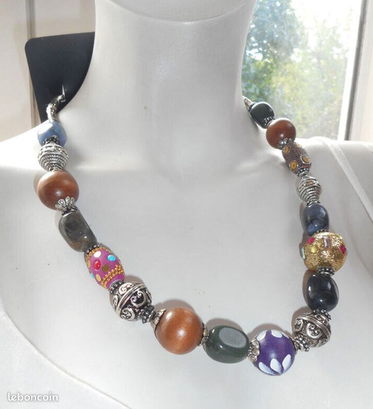 Collier Strass Multicolore Avec Chaîne Sécurité - Métal Argenté, Neuf Avec étiquettes