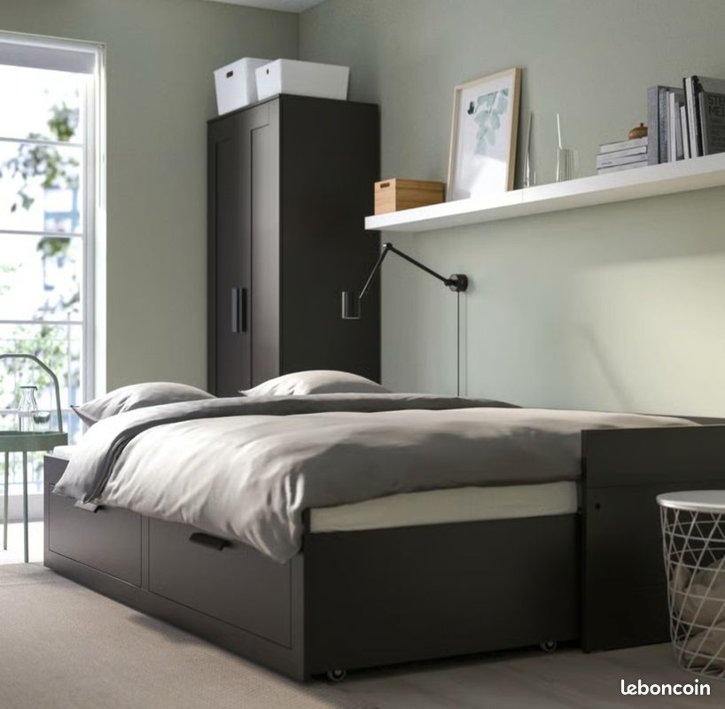 Lit IKEA BRIMNES noir 1 place / 2 places + 2 matelas – 100 (image 3)