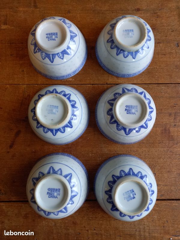 Lot De 6 Bols Porcelaine Décor Chinois Bleu + 6 Cuillères - Service Occasion Bon état