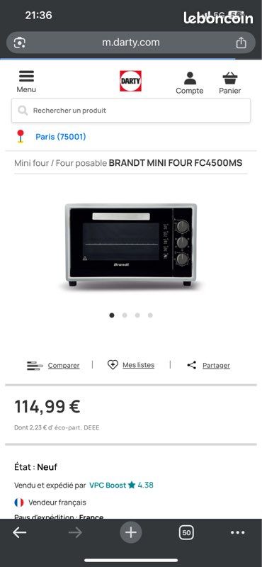 Mini four BRANDT FC 4500 MS - Capacité 42L - Chaleur tournante