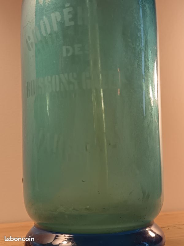 Siphon eau de seltz ancien en verre bleu turquoise – début XXe siècle – vintage déco (image 2)