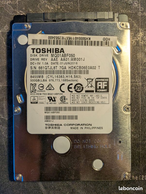 Disque dur 2.5 sata 500go Toshiba Mq01abf050 AAE 1x smart = HS