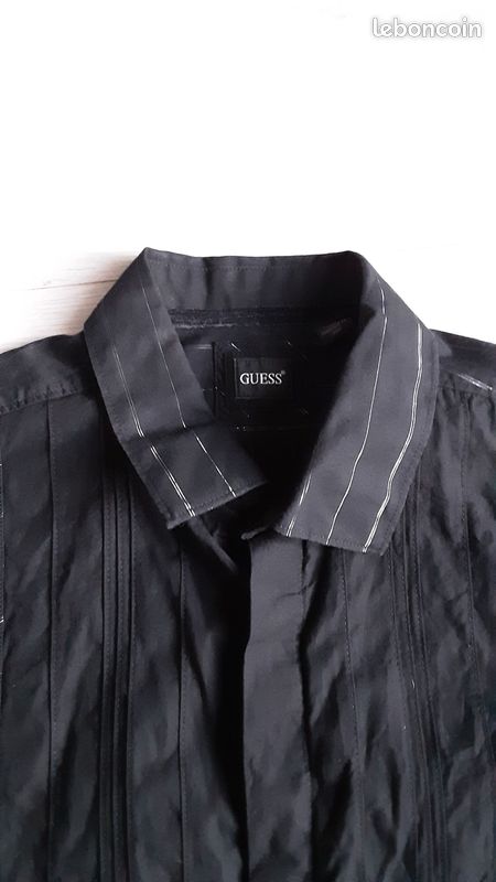 Vêtement homme chemise noire liserés argenté brillant manches longues Guess XL (image 2)