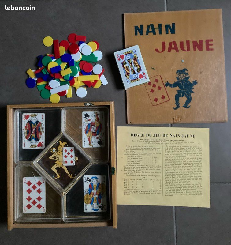 Jeu De Nain Jaune Vintage En Bois Avec Jetons En Os - Boîte 2 Étages, Cartes Neuves