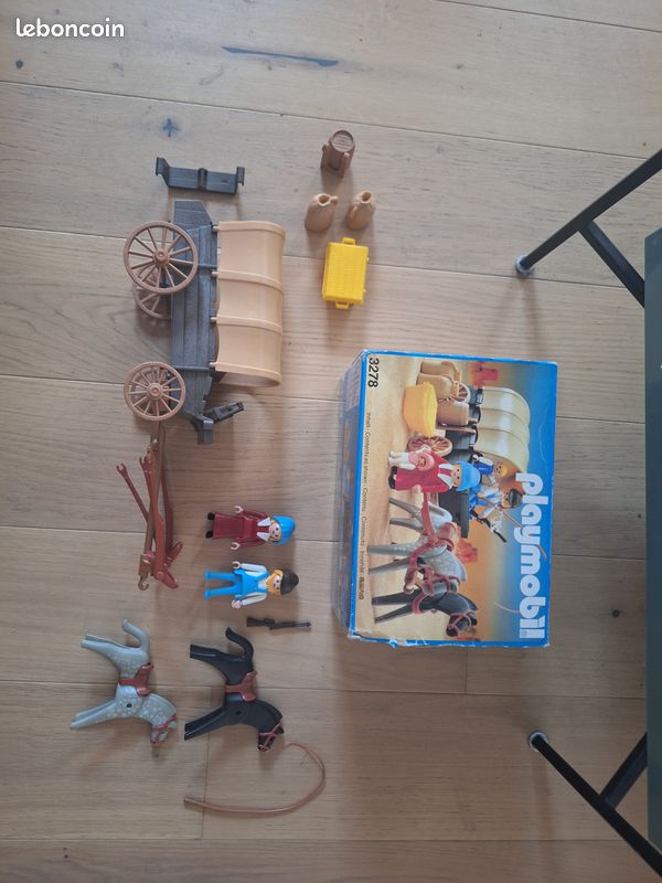 Playmobil Vintage 1983 : Set Complet Chariot Bâché Western Avec Colons Et Chevaux - 3278-A