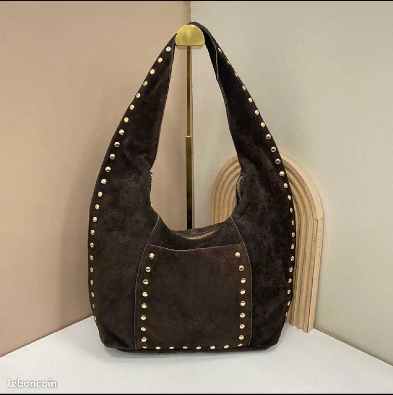 Sac à bandoulière en cuir clouté, grande taille en cuir véritable - France