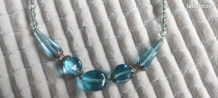 Collier Ancien Perles Pâte De Verre Bleu/vert - Bijou Vintage Fermoir Vis - 552