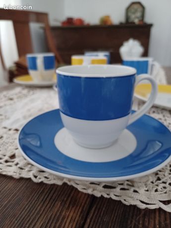 Lot De 5 Tasses à Expresso Guy Degrenne – Avec Soucoupes, Bleu/blanc/jaune
