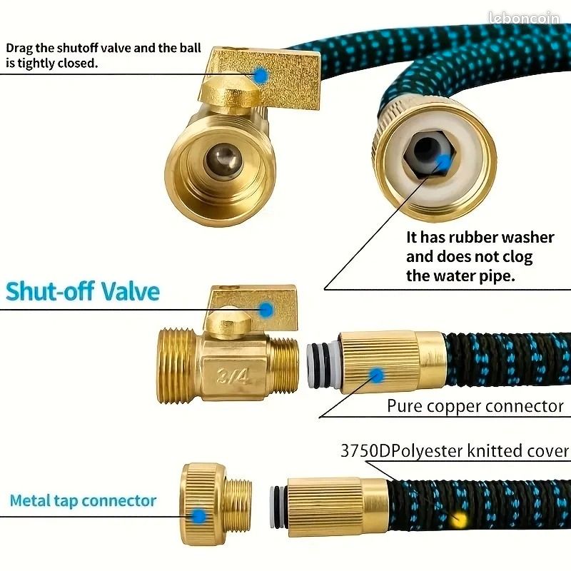 Tuyau d'arrosage extensible et flexible de haute qualité, raccords métalliques US 3/4, tuyau de lavage auto haute pression, tuyau d'arrosage extensible (image 6)