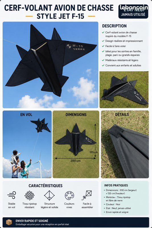 Grand Cerf-Volant Avion De Chasse 147 Cm – Kit Complet Avec Ligne De 60m Et Pivot – Pour Enfants Et Adultes, Facile à Voler