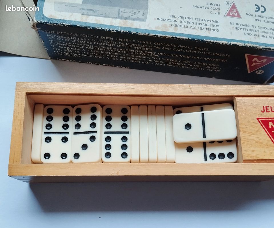 Ancien Jeu De Dominos – Boîte En Bois, 28 Dominos En Os, Vintage