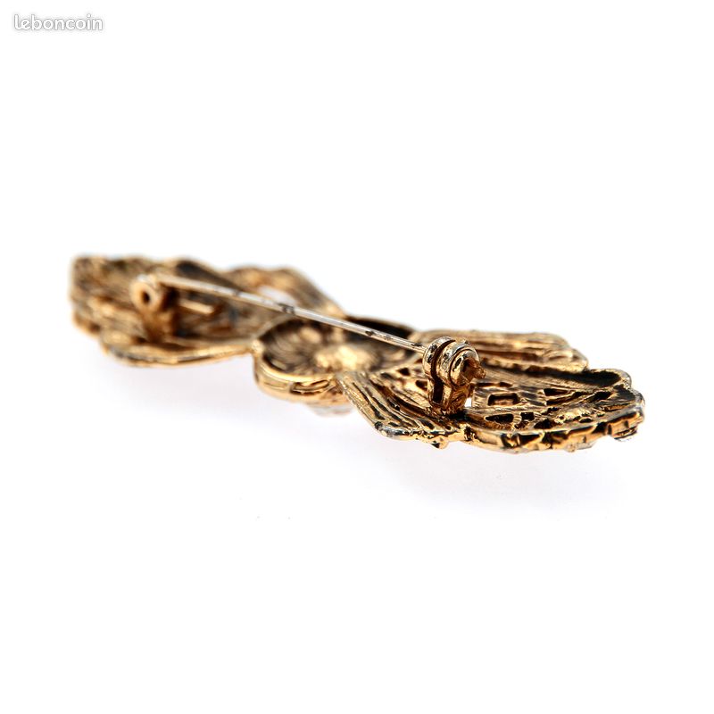Broche Vintage En Métal Doré - Style Rétro Avec Pierres - Occasion - Bijou Ancien