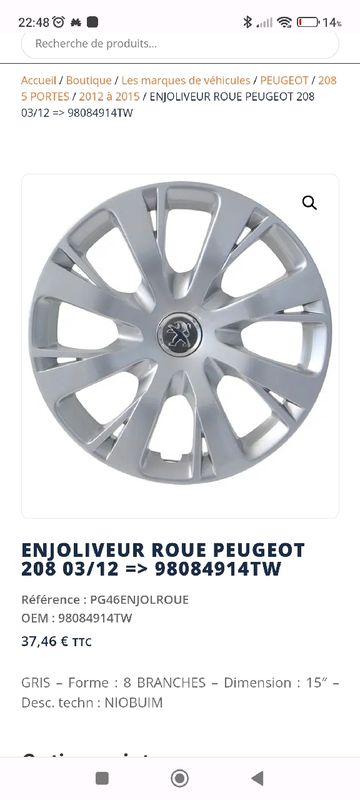 Enjoliveur Peugeot 15 pouces original - Équipement auto