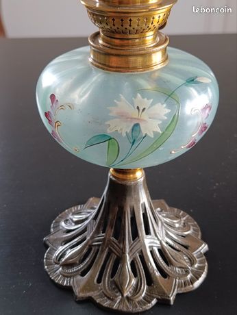 Lampe à pétrole en verre, cuivre et étain