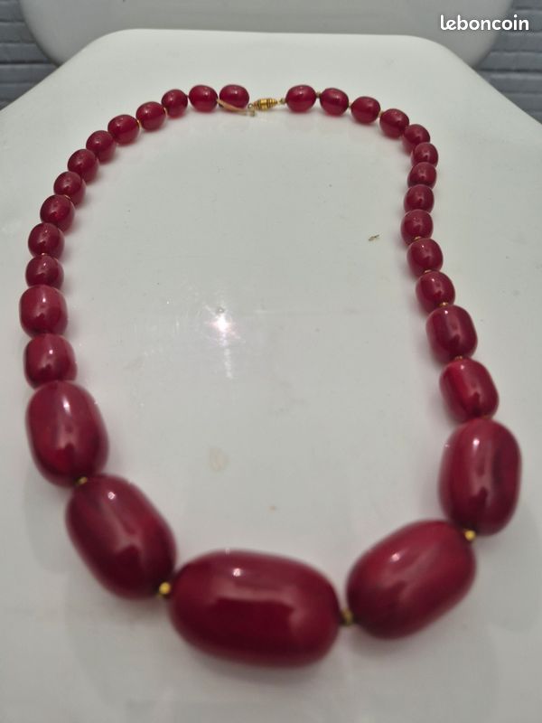 Collier Sautoir Vintage En Bakélite Et Perles Velours - Longueur Sautoir - Couleur Beige/multicolore - Occasion