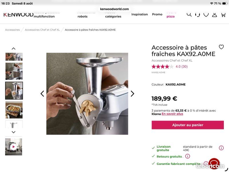 Appareil a pâtes fraîche NEUF pour robot kenwood chef,cooking et kmix (image 7)