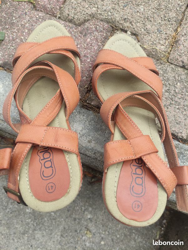 Sandale compensée camel en cuir femme (image 4)