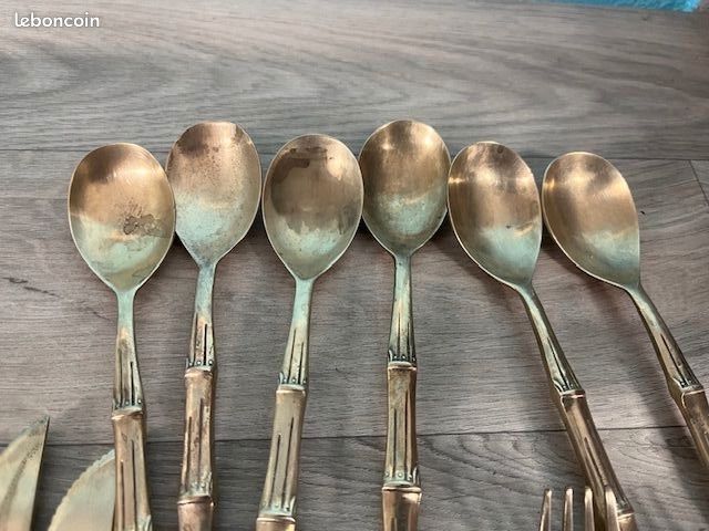 Lot De 6 Cuillères Vintage Laiton/Bronze Et Bambou - Années 60