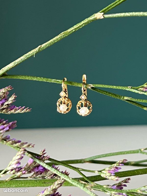 Boucles D'oreilles Dormeuses Or 18K Avec Perle - Bijou Ancien Occasion