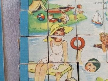 Ancienne Boîte De Jeu De Cubes En Bois Vintage Avec 4 Modèles - Objet De Décoration Rétro