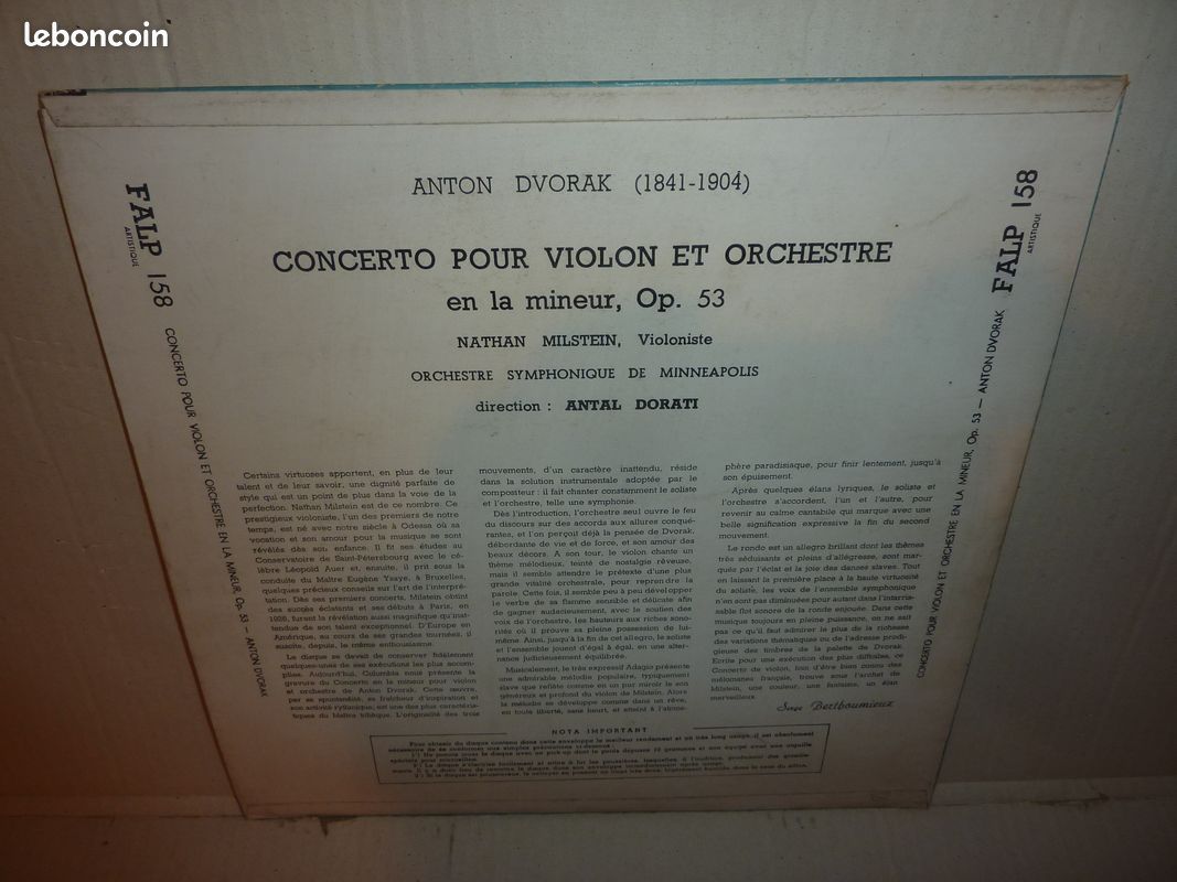 NATHAN MILSTEIN - Dvorak Violin Concerto . DISQUE VINYLE 33T . LP . ORIGIN. FRENCH LVSM FALP 158 . CLASSIQUE VIOLON . Mco5 (image 2)