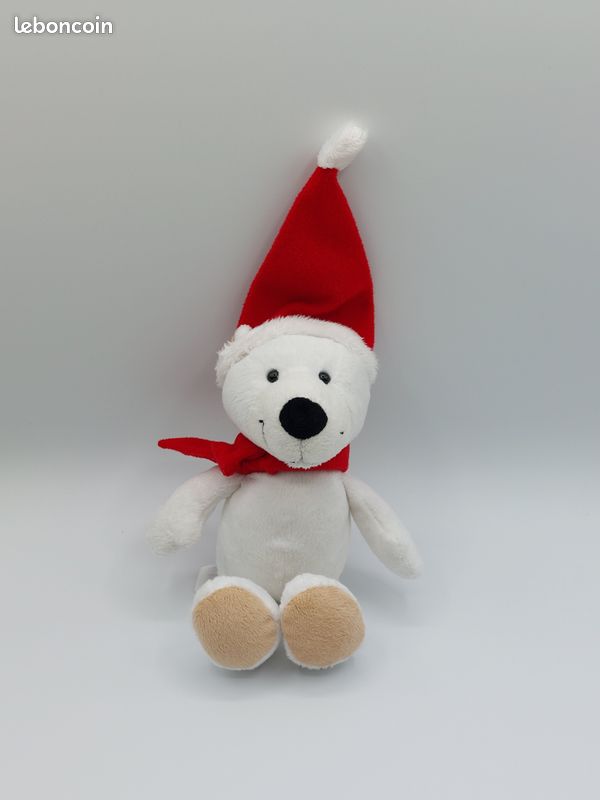 Doudou peluche ours polaire blanc bonnet Noël 22 cm KINDER Ferrero