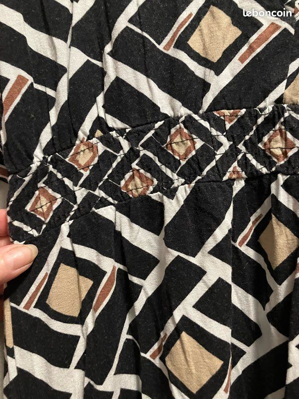 Blouse Imprimée CAMAIEU - Style Folk - Taille 42 (voir Mesures) - Occasion Très Bon état - Noir/blanc/ocre