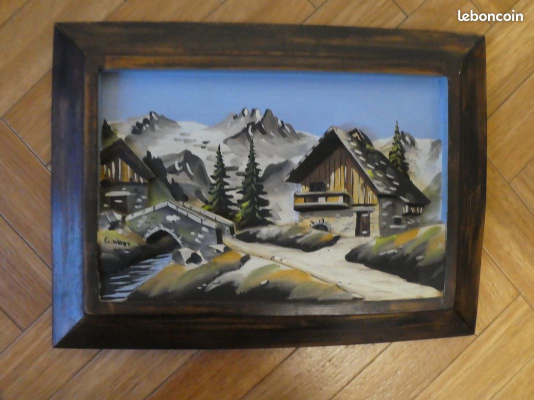 Tableau en bois sculpté peint chalet de montagne signé