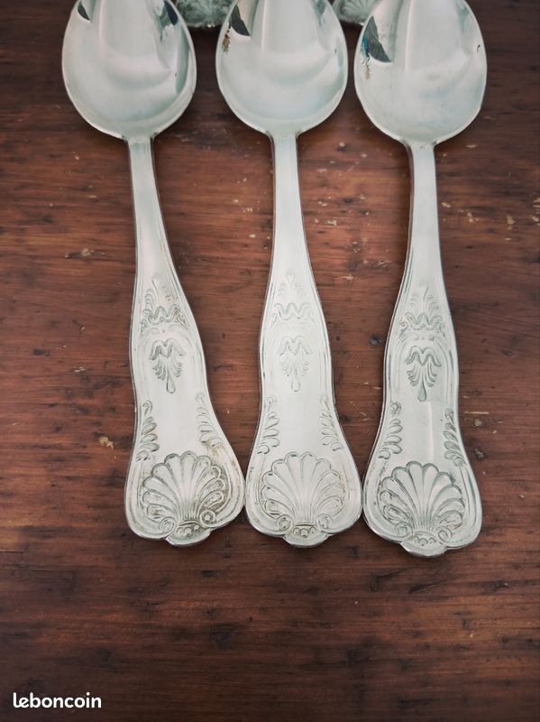 Lot de 6 cuillères à soupe anciennes en métal argenté – Style Violon à Coquille – 20 cm (image 2)
