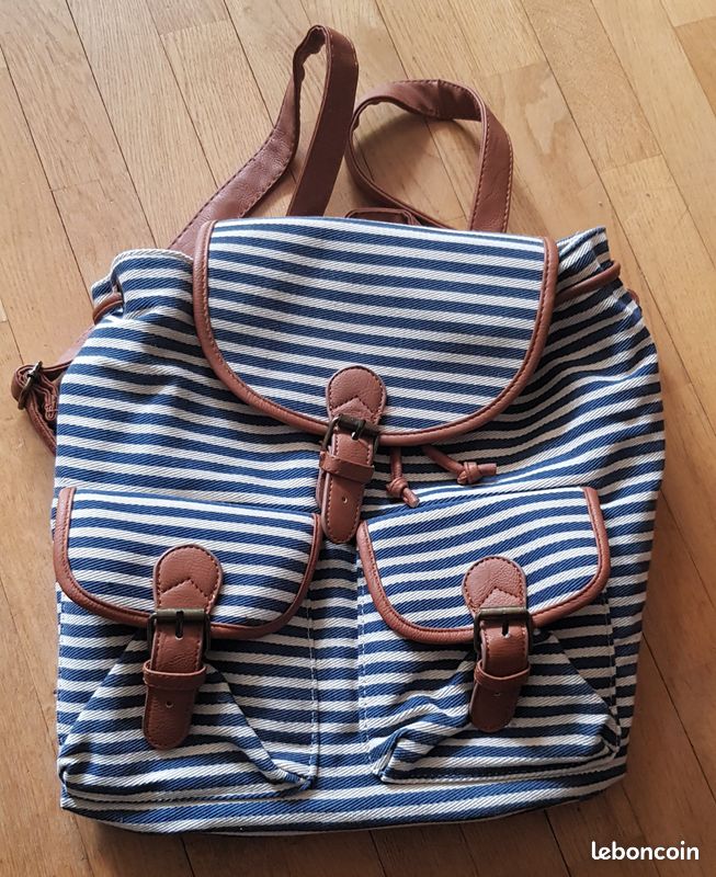 Sac à dos en toile solide à rayures bleu et blanc avec renforts et bandoulières en cuir fermetures métal TBE (image 6)