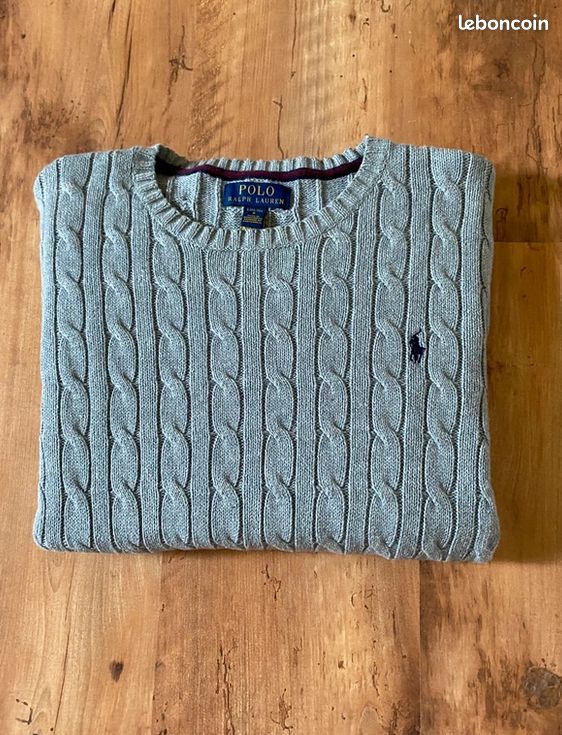 Pull torsadée gris ralph lauren col rond homme taille M (image 1)