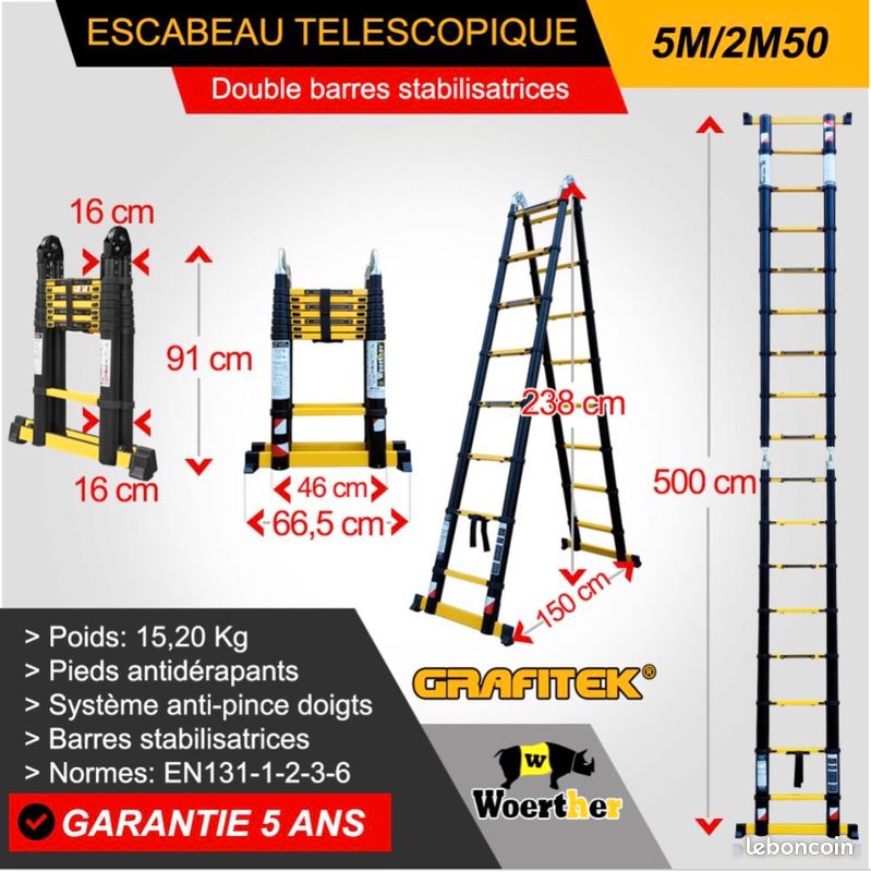Escabeau télescopique échelle Woerther double fonctions taille 5m00-2m50- Garantie 5 ans-Qualité supérieure / N°1 en France- Promotion 279 Euros au lieu de 370 Euros - échelle pliante, escabeau pliant (image 2)