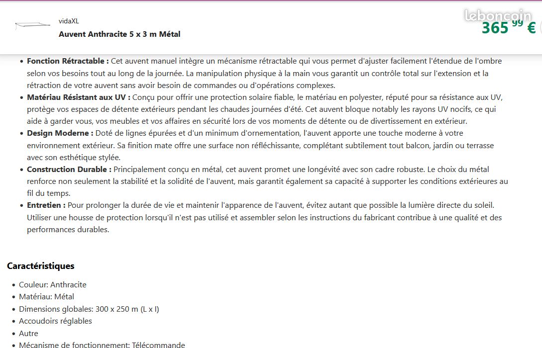 Auvent anthracite 5x3 neuf (image 2)
