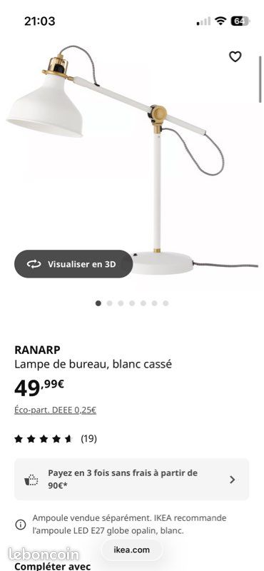Lampe de bureau blanche RANARP IKEA (image 2)