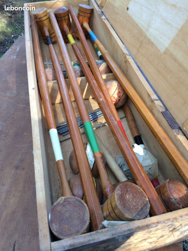 JEU ANCIEN DE Croquet de Jardin en Bois Chariot 6 Maillets 6 Joueurs