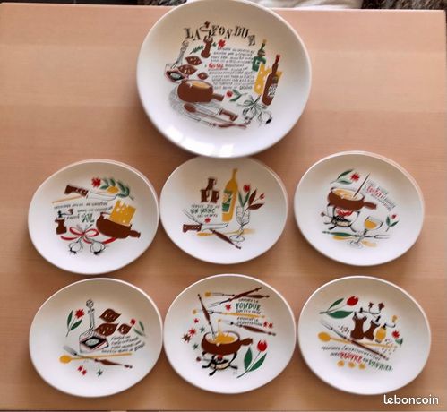 Lot D'assiettes Vintage Pour Fondue - Modèle Années 1960, Céramique émaillée Salins, Occasion En Bon état