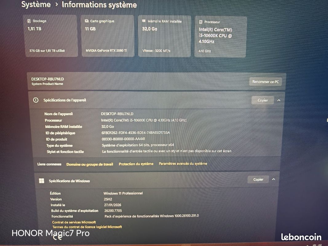 Setup gamer au complet i5 10600k rtx 2080ti 11gb gddr6 32gb ddr4 1to ssd +1to dd 750w corsair ecrand aoc27 p 180hz (image 5)