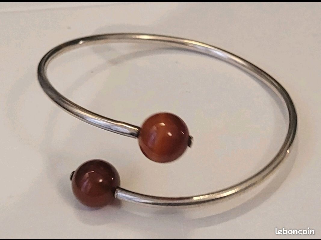 Bracelet Jonc Ouvert Argent Massif 925 et Boules De Cornaline #K19 (image 1)