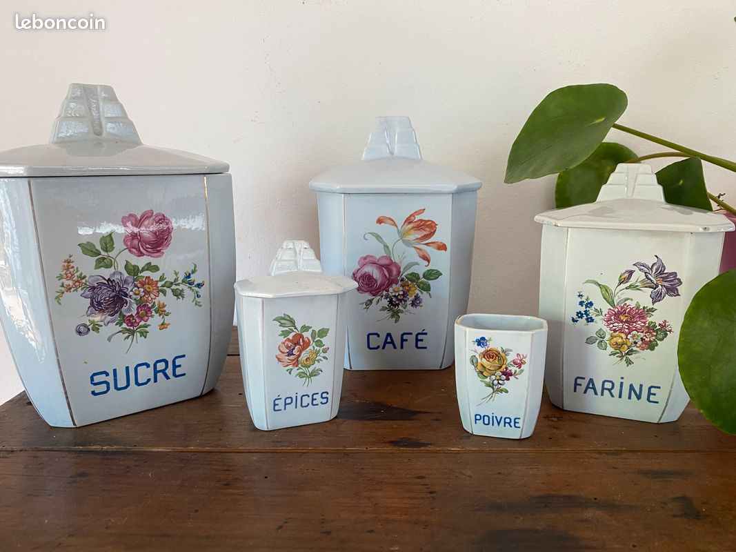Ancien Pot à épices En Céramique – Décor Bleuets, Set De 5 Avec Couvercles, Charme Rétro Pour Cuisine