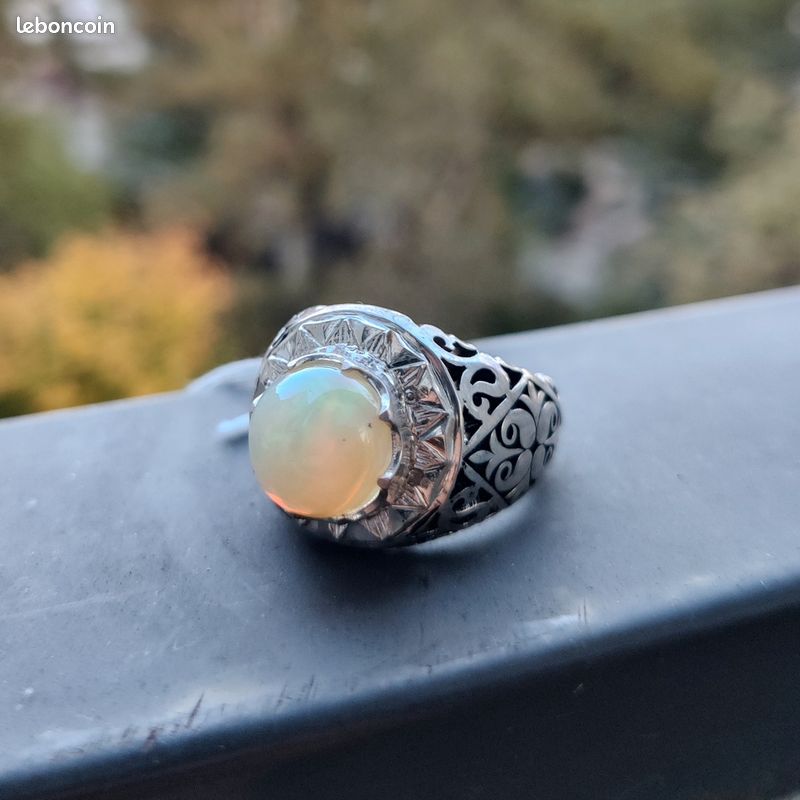 Bague opale blanche naturelle, avec certificat, argent 925