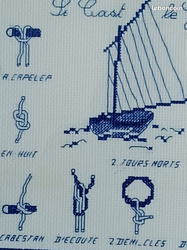 Tableau - Broderie Main sur toile Aïda - Point de croix -Sous verre - 28cm X 29cm – Noeuds marins – Vintage (image 4)