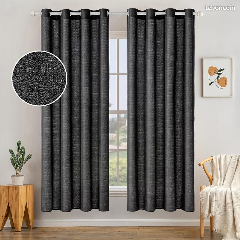 DESTOCKAGE - 2 Panneaux de Rideaux Noirs – Lin Imitation – 140 x 145 cm - Décoration