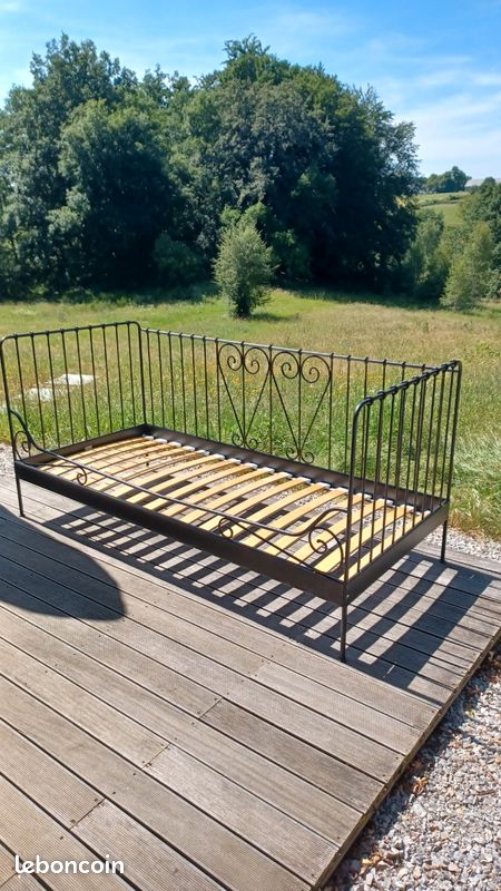 Lit banquette métal noir 90x200 + sommier enroulable + matelas enroulable (image 1)